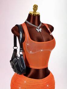 Amplova 2026 Nuevo Crop Top sin espalda decorado con cristales de moda Y2K para mujer, verano - Naranja - Ver 9