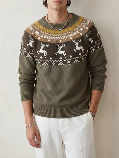 Airaco 温暖冬季费尔岛驯鹿提花针织毛衣，男士款，复古别致的费尔岛图案，适合圣诞派对