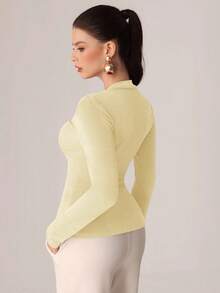 Modelyn Metal Buckle V-Neck Pleated Long Sleeve Elegant Fitted T-Shirt Tops For Women,Classy Pale Yellow Autumn Office Body Shirts New Arrivals Latest Tops - Yellow - View 7