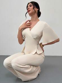 Firerie Women's New Niche Design Elegant Business Casual Commute Versatile Surplice V-Neck Flutter Sleeve Belted Top And Elastic Waist Wide Leg Pants Set - Apricot - View 9