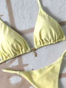 Swim Vcay Springbreak 女士纯色挂脖金属吊坠泳衣，性感丁字裤比基尼套装 - 黃色 - 查看 4