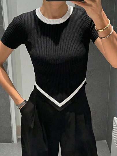 DUKEZA Blusa Casual De Rayas De Cuello Redondo  Para Mujer