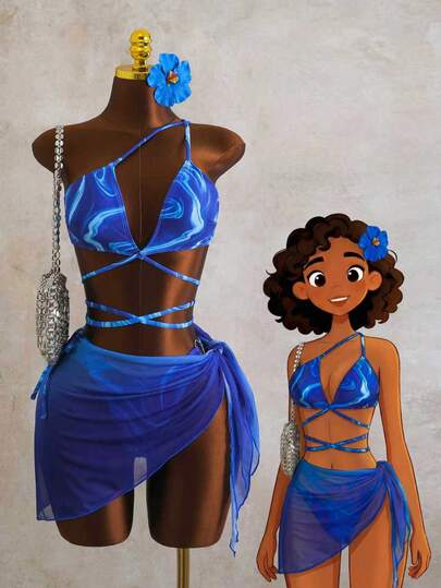 Zestiva 2026新款女士夏季沙滩度假蓝色抽象印花露背系带比基尼三件套泳装