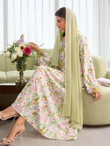 Al Najma Elegant Floral Print Embroidered Ruffle Trim Long Sleeve Loose Flared Robe For Women - Multicolor - View 6