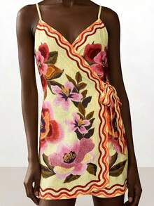 CAJUNI Summer Women Bohemian V-Neck Floral Print Short Dress Sleeveless Beach Vacation Mini Dresses, Flower Print Dress - Yellow - View 5