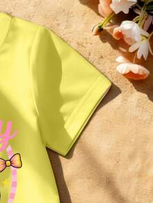 SHEIN Baby Girls Spring And Summer Casual Fashion Creative Personalized Refreshing Cute Minimalist Lemon Flower Yellow Pink Bow Star Yellow Striped Pattern Letter Slogan Print Casual Basic Short T-Shirt + Bike Shorts Set, Comfortable Daily Wear, Suitable For Spring, Summer And Autumn For Baby Girls - Multicolor - View 6