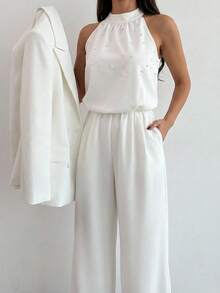 Firerie Quần ống rộng ôm dáng màu trắng không tay cổ tàu đính ngọc trai dành cho nữ, bộ jumpsuit trắng đính hạt lãng mạn, jumpsuit không tay, thời trang công sở, lễ tốt nghiệp, trang phục giáo viên, xuân/hè/thu, thanh lịch, đi làm, hẹn hò, tiệc tùng, lễ hội âm nhạc, mùa cưới, tốt nghiệp, dạ hội, biểu diễn, hòa nhạc, trang phục công sở, tựu trường, tiệc thường niên, sinh nhật nữ, trang phục ngày lễ - trắng - Xem 5