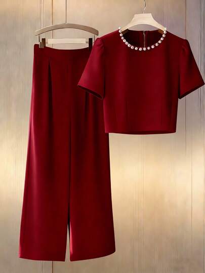 Franclia 2pcs Set: Minimalist Crew Neck Beaded & Zipper Decor Loose Straight Pants, Commuter Outfit Red 2 Piece Set Red Two Piece Outfit Women Women S Matching Sets 2 Piece Sets Woman Classy Modest Two Piece Set