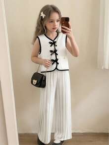 Young Girls Summer New Elegant V-Neck Sleeveless Crop Top + Pleated Loose Casual Pants 2-Piece Set, Suitable For Daily, Commuting, Outing And Vacation - White - View 8