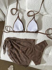 Swim Vcay Bộ bikini 3 mảnh dành cho nữ, họa tiết lá, kiểu cổ yếm, hở lưng, gợi cảm, thích hợp cho kỳ nghỉ biển. - màu nâu - Xem 2