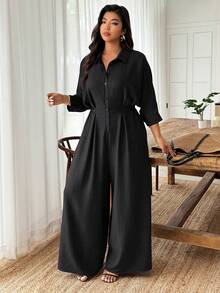 Weeklong Mono con cuello y volantes en las mangas para mujer de talla grande, cintura ceñida, para uso casual y de oficina - Negro - Ver 3