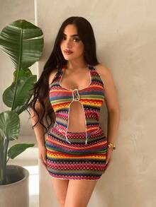 SHEIN SXY Women's Colorful Printed Halter Top And Mini Skirt 2 Pieces Set Two Piece Set Women Multicolor - Multicolor - View 5