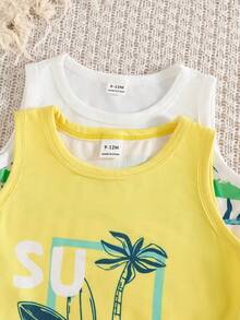 SHEIN Playful Pals 4件/套 嬰幼兒男童夏季套裝 淡黃色葉子印花上衣與短褲套裝 休閒海灘度假假日服裝 適用於0-3歲 - 彩色 - 查看 5