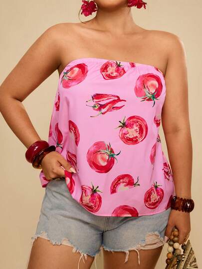 Travachic Plus Size Women Summer Vacation Tomato Print Tube Top Summer Outfits, Spring Clothing,Spring Outfit Women, Going Out Outfits, Vacation Outfits Women,Holiday Outfits, Casual Outfit For Women, Boho Style Women, Resort Outfit For Women, Island Holiday Outfit, Havana Outfit, Tropical Outfit, Mexican Style