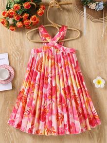 SHEIN 女童休闲无袖热带印花连衣裙，春夏新款 - 彩色 - 查看 4