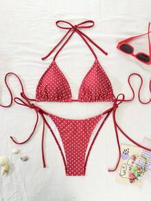 Swim Mod 2026春夏女士黑色波点印花挂脖系带比基尼两件式泳衣 - 紅色 - 查看 2