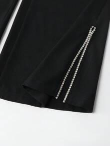 GlowEve Black Flared Leg Slit Rhinestone Embellished Elegant Party Pants For Women - Black - View 5