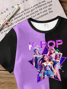 Kpop 女孩图案印花圆领短袖休闲百搭T恤 - 彩色 - 查看 5