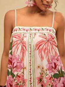 Travachic Abito corto senza maniche con stampa tropicale di animali e piante, verde, per vacanze casual, stile boho, abito floreale rosa per donna, abito rosa da spiaggia, abito corto primaverile a balze per donna - Multicolore - Visualizzare 6