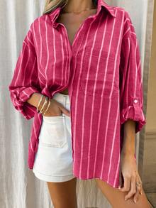 Airaco Áo sơ mi nữ kẻ sọc, vai rớt, tay xắn, cài cúc đơn, kiểu dáng thường ngày. - Màu Hồng Tươi - Xem 4