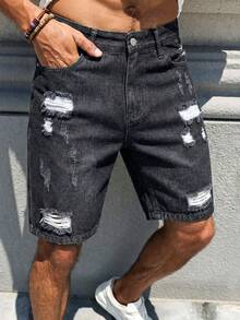 Manfinity Roughcore Men's Casual Ripped Straight Leg Blue Denim Shorts, Street Fashion For Spring/Summer - Black - View 4