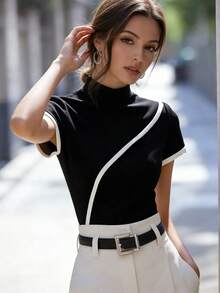 Balvessa Camiseta de mujer de manga corta elegante con ribete blanco y negro - Negro - Ver 4