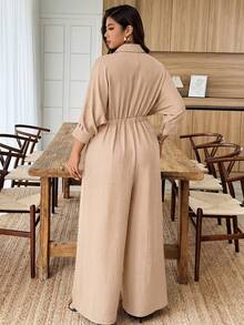 Weeklong Plus Size Women's Collared Jumpsuit With Ruffle Mid-Sleeve, Waist Cinched, Casual & Office Wear - Khaki - View 2