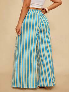 Travachic 大码女式休闲度假撞色条纹印花抽绳腰侧口袋宽松阔腿裤，适合夏季、春季、外出、度假、休闲、波西米亚风、度假风、海岛风、哈瓦那风、热带风、墨西哥风等各种场合。 - 藍色 - 查看 2