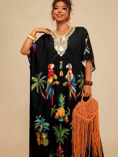 Travachic Plus Size Animal Print Sequin Patchwork Casual Vacation Dress