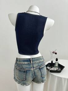 Elamini 女士束腰短款背心外套，深V领蕾丝开衩牛仔效果轻薄外套，春夏款 - 藍色 - 查看 2