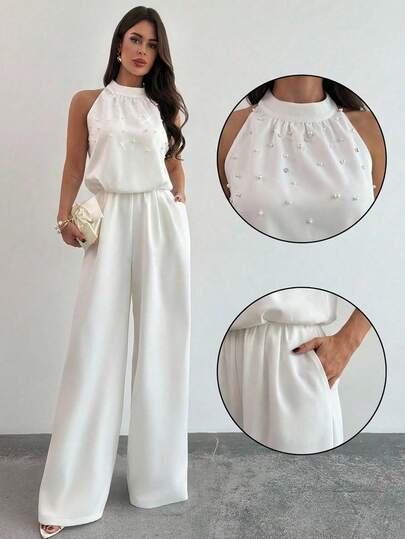 Firerie Damskie nowe białe spodnie bez rękawów ze stójką i perłowym zdobieniem, dopasowane, szerokie nogawki, romantyczny biały kombinezon z koralikami, kombinezon bez rękawów, modny strój biurowy, ceremonia ukończenia szkoły, strój nauczycielski, wiosna/lato/jesień, elegancki, dojazd do pracy, randka, impreza, festiwal muzyczny, sezon ślubny, ukończenie szkoły, bal maturalny, występ, koncert, strój do pracy, powrót do szkoły, coroczna impreza, urodziny kobiet, strój świąteczny