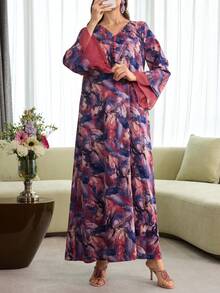 Al Najma V领前开襟纽扣雪纺拼接印花连衣裙 - 紫色 - 查看 7