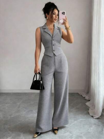 Conjunto de traje informal de dos piezas a cuadros para mujer, sin mangas, con botones delanteros, chaleco, top corto y pantalones largos con bolsillos