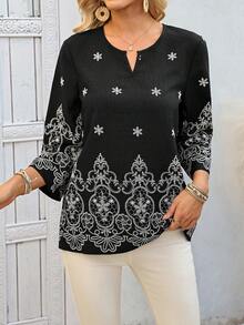 EMERY ROSE 女士休闲度假风植物刺绣V领七分袖宽松上衣，适合春、夏、秋季穿着。 - 黑色 - 查看 5