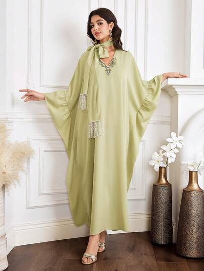 Al Najma New V-Neck Handcrafted Rhinestone Ruffle Sleeve Elegant Cocktail Party Vacation Dress