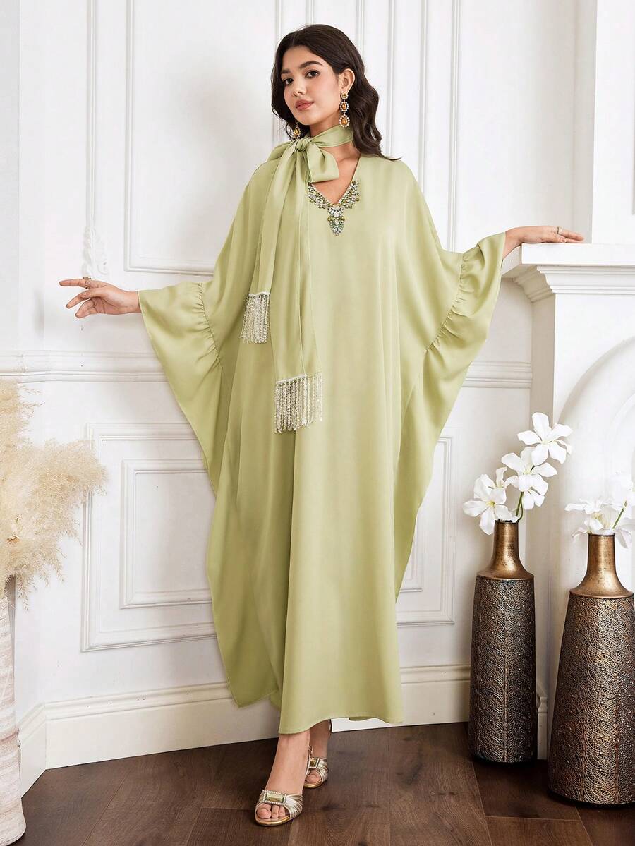 Al Najma New V-Neck Handcrafted Rhinestone Ruffle Sleeve Elegant Cocktail Party Vacation Dress - Yellow - View 1