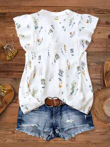 SHEIN LUNE CURVE Áo kiểu nữ cỡ lớn cổ chữ V họa tiết hoa nhí, viền bèo nhún, phong cách thường ngày. - Màu be - Xem 2