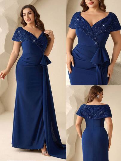 Coutiva 大码甜心领短袖优雅褶皱正式晚礼服