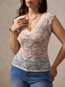 Elegantrix Women's Lace Ruffle Puff Sleeve Tight Fitting Top, French Casual Daily Wear, Spring/Summer - Apricot - View 4