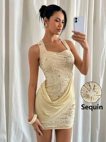 Siren Gaze Đầm ngắn không tay thêu ngọc trai dành cho nữ, đầm hai dây xếp ly, đầm thanh lịch, đầm dự tiệc, đầm dự đám cưới, đầm ngắn duyên dáng dành cho nữ. - Màu be - Xem 4