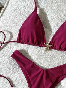 Swim Mod Bikini Halter Merah Polos Wanita dengan Detail Tali di Belakang dan Bagian Bawah Potongan Tinggi untuk Tampilan yang Menawan - Merah - View 3