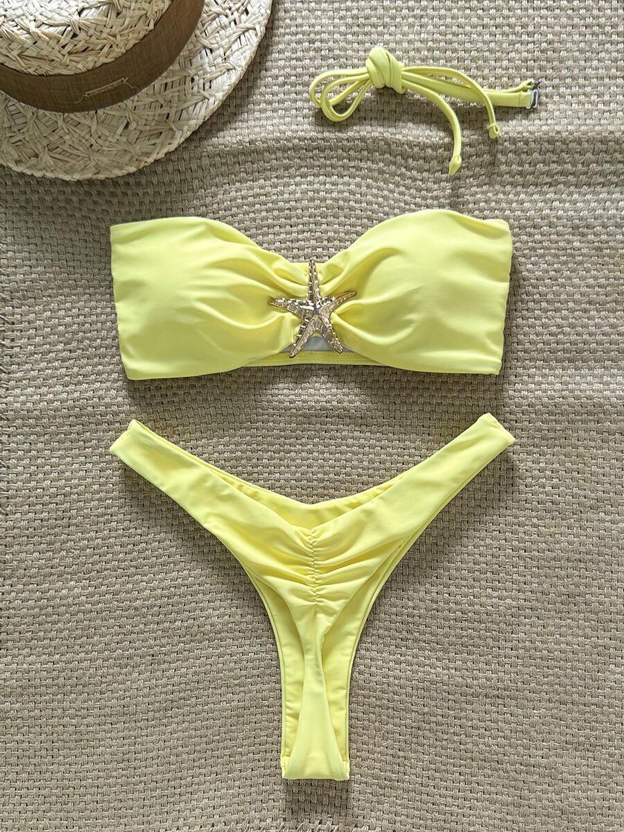 Swim Mod Conjunto de bikini sexy con tirantes finos, decoración de estrella de mar y unicolor para mujer, verano - Amarillo - Ver 1