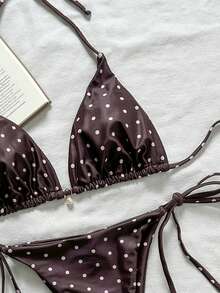 Swim Mod Women's Polka Dot Print Halter Tie Front Bikini Swimwear Set, Random Print - Multicolor - View 4