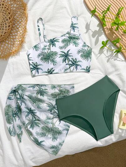 Tween Girls 3pcs Bikini Set, Tropical Floral Print, Spaghetti Strap Top, High Waist Solid Bottoms & Matching Skirt, Fashionable Casual Elegant Swimwear For Swimming, Summer Vacation, Beach, Pool Party