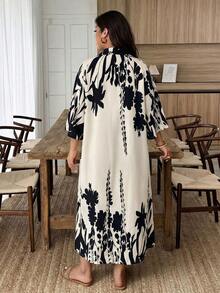 Elenzga 大码印花长款宽松优雅女装 - 杏色 - 查看 2