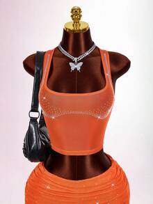 Amplova 2026 Nuevo Crop Top sin espalda decorado con cristales de moda Y2K para mujer, verano - Naranja - Ver 7
