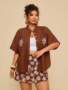 Travachic Bộ đồ nữ cỡ lớn màu nâu dáng rộng gồm áo sơ mi và quần váy, in họa tiết sinh vật biển, kiểu dáng thường ngày, quần short rộng rãi. - màu nâu - Xem 3