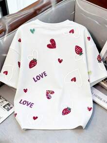 Resyla Women's Casual Strawberry Print Short Sleeve T-Shirt, Summer - White - View 2