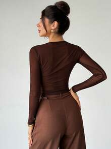 Firerie 女士优雅垂褶领高端收腰休闲针织上衣 - 鏽棕色 - 查看 3