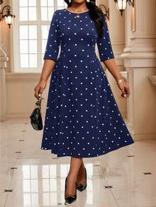SHEIN Lady CURVE Vestido elegante de lunares de talla grande para fiesta, vestido de lunares negros, vestido de lunares negros y blancos, vestido para iglesia para mujer, vestido de lunares elegante midi, vestido de lunares negros y blancos, vestido midi de lunares de talla grande con estampado de lunares, cuello redondo, contraste de ribete, abertura midi, manga tres cuartos, vestido elegante - Azul Marino - Ver 8